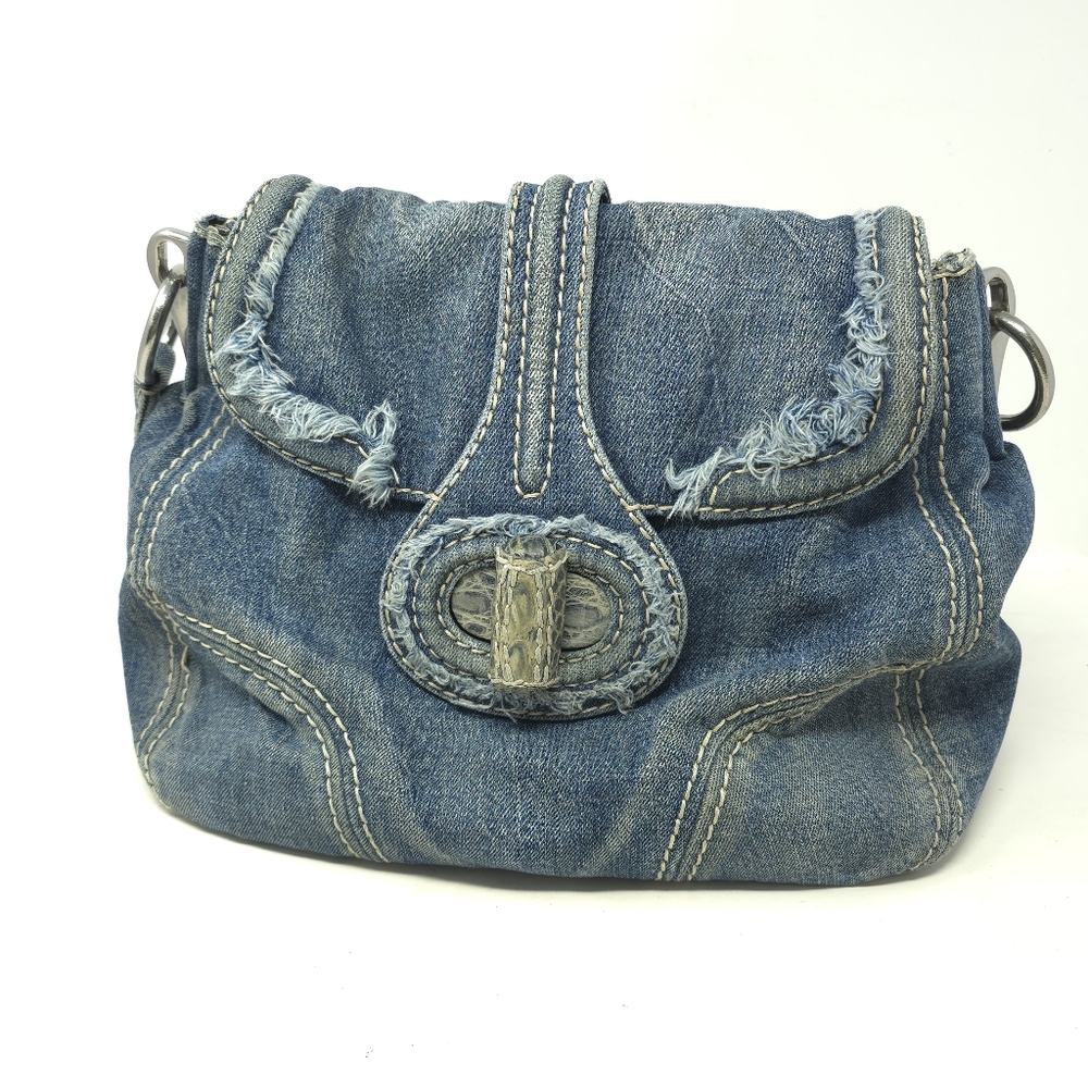 Authentic Prada Pattina Sottospalla Blue Denim Stiched Shoulder Bag
